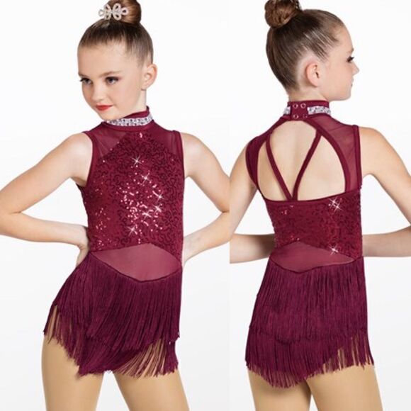 WEISSMAN Dance Costume burgundy fringe The Coolest Thing Ever 13815 child LC - Picture 1 of 8